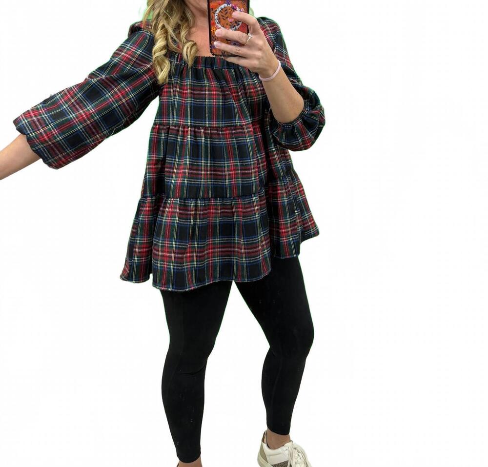 NEW SHE + SKY plaid print woven top in black